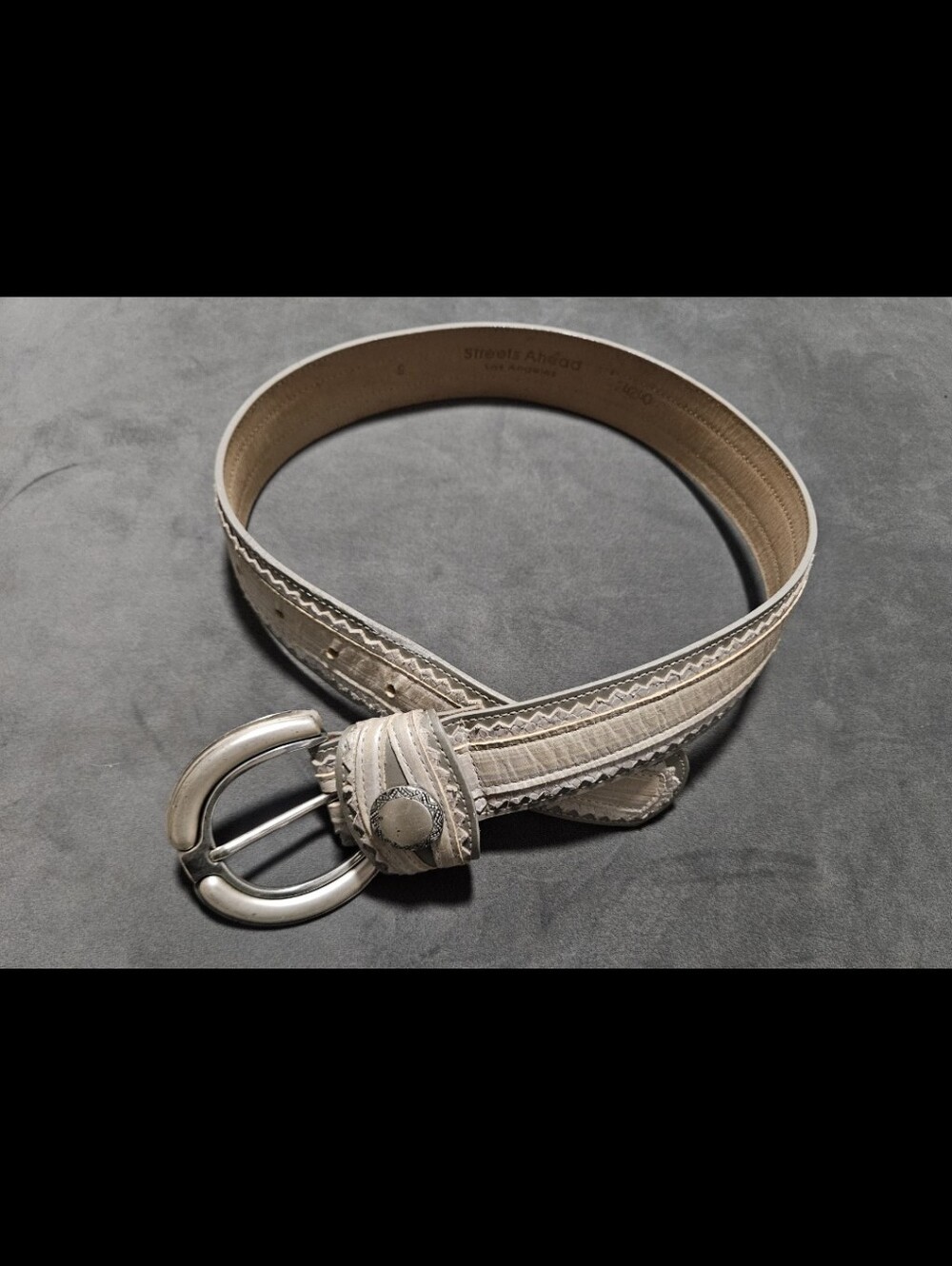 Streets Ahead Ivory Leather Belt with Decorative Silver Buckle